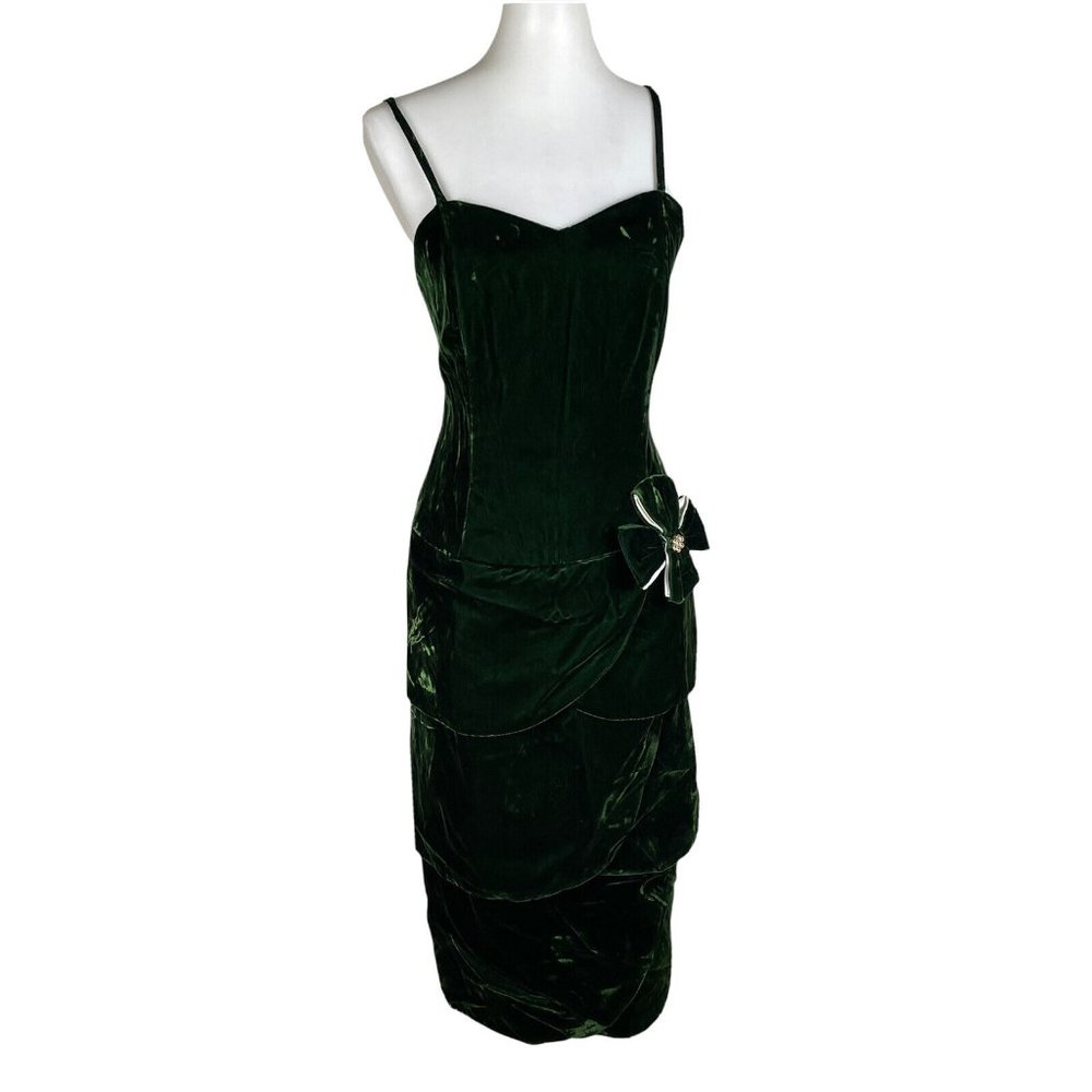 PANTAGIS Vintage Green Velour Strappy Tiered Whimsigoth Stretch Coquette